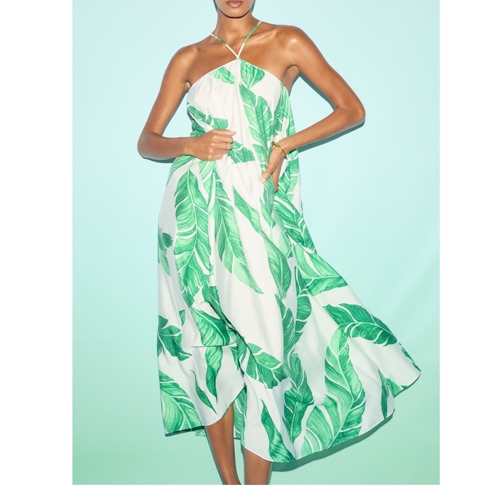 H&M Womens Tropical Floral strappy Viscose Dress X-LARGE white green summer midi